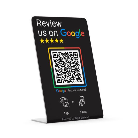 Rapid Reviews tap or scan to review countertop stand for Google business profiles | NFC & QR plaque