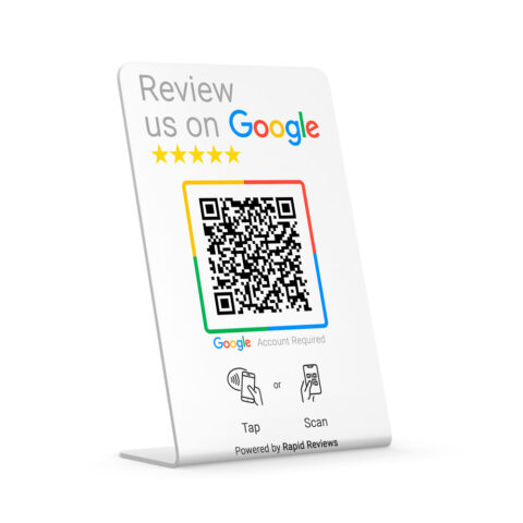 Rapid Reviews tap or scan to review countertop stand for Google business profiles | NFC & QR plaque
